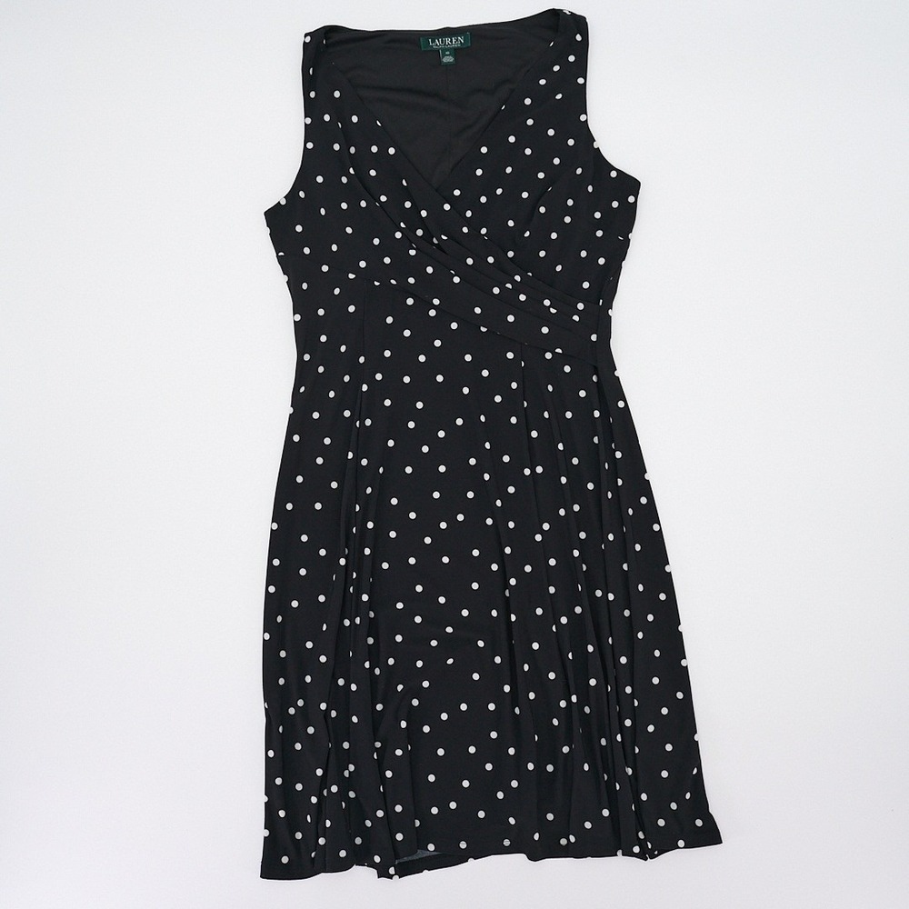 Lauren Ralph Lauren Black & White Polka Dot Dress Surplice Neck Fit & Flare